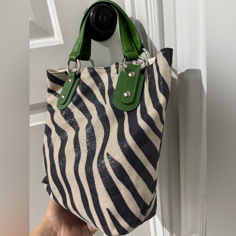 Maurizio Taiuti Zebra Print Leather Tote Bag Green Handles Made in Italy - Picture 5 of 11